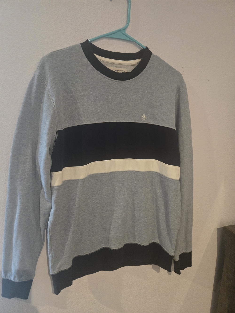 Original Penguin Light Blue, Navy & Cream Striped Crewneck - Size MEDIUM
